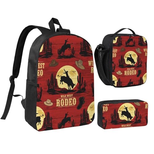 Ergonomic Backpack Set with Insulated Food Carrier & Multi-Pocket Pencil Case (3pc Waterproof Combo for Hiking/Commuting, Bull Riding Wlid West Rodeo)
