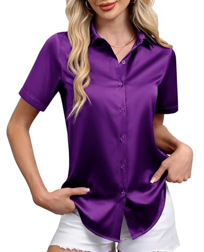 siliteelon Satin Button Down Shirt for Women Short Sleeve Silk Blouse V Neck Work Office Blouse Dressy Elegant Shirt Top