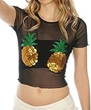 Shop Delfina Women's Sequin Pineapple Sheer Mesh See Through Crop Top Bralette, Large Black