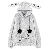 Design：Capuche ornée d’oreilles étoilées noires, ajoutant une touche ludique et originale. Fermeture éclair pratique pour un enfilage facile, poches latérales fonctionnelles et détails brodés qui rehaussent le style mignon et unique du pull.