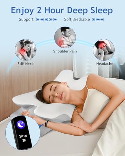 Cervical Neck Pillow for Pain Relief Sleeping, Cooling Ergonomic Contour Side Sleeper Pillow for Neck Support, Odorless Soft Memory Foam Orthopedic Bed Rest Pillow for Back Stomach Sleeper, Grey