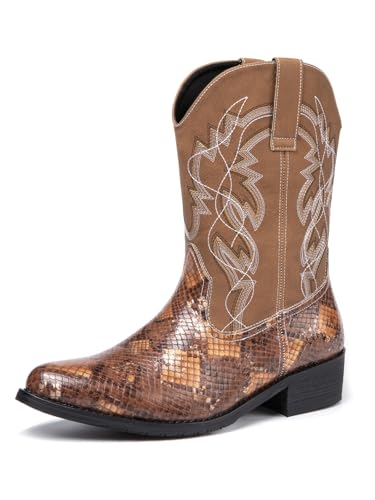 Image of Python Manning Men's Boots Cowboy for Men Classic Pointed Toe Western Pull Up Snakeskin Embroidered Mid-Calf Boots