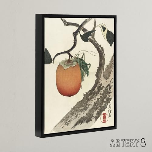 Artery8 Persimmon Fruit Grasshopper Framed Canvas Wall Art Print Vintage Japan : by Hokusai 12x16 Botanical still life bursting with warmth ideal for kitchen dining area or homely living room - Thumbnail 2