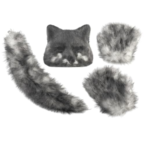 Costume d'Halloween cosplay renard accessoire queue masque demi-visage gants kit de 3 pièces
