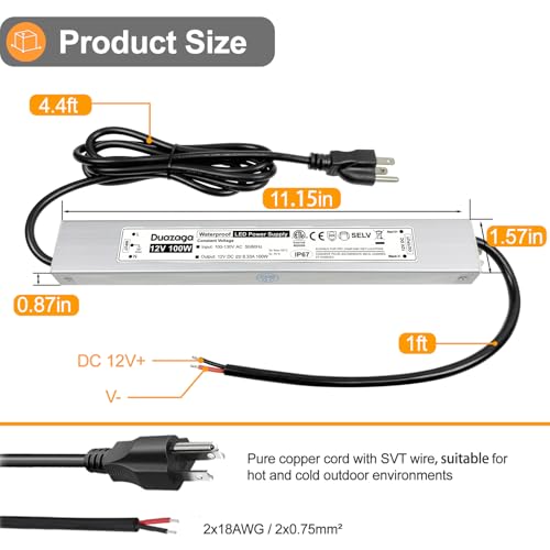 Image of 100 Watts LED Driver 12 Volt Power Supply 110 120V to 12V Converter | IP67 Waterproof, AC to DC, Low Voltage Landscape Lighting Transformer,ETL Listed, Plug with 4.4Ft Cord for Outdoor LED Lights