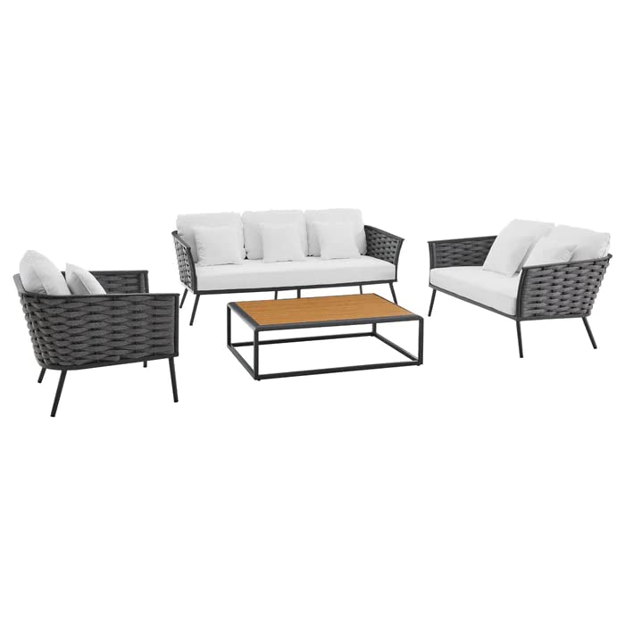 Mymigos Patio Furniture Set, 4 Pieces Porch Backyard Garden Outdoor Furniture Rope Sofa Set and Wooden Top Table Conversation Set in Grey and White Color 1