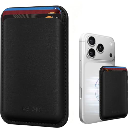 KRTALS Stronger Magnetic RFID Leather Mag-Safe Card Holder for iPhone 16 Series, Mag-Safe Accessories Stick on Series of iPhone 17/16/15/14/13/12 and Pro/Promax, Black