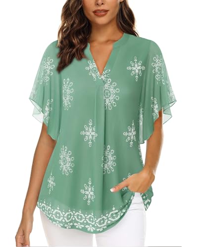 Image of Timeson Women's Short Sleeve V Neck Blouses Shirts Floral Double Layers Mesh Tunics Tops