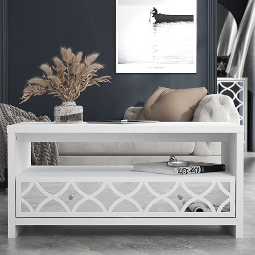 Galano Iris Coffee Table with Drawer – Modern Mirrored Effect Storage Cabinet – Space-Saving Table for Living Room, Entryway, or Foyer – Contemporary Design – White