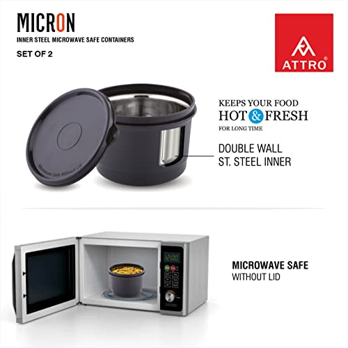 Image of ATTRO Set of 4 Micron Stainless Steel Double Wall Storage Containers Airtight & Leak Proof Containers for Office Use, School, Picnic, 550ml -Black