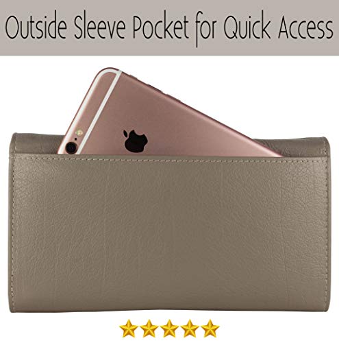 Image of Women's Top Grain Leather Wallet, RFID Blocking Bifold clutch, 17 Card Slots, Zip Pocket Organizer, Elegant Gift for Women - Birthday, Valentine, Anniversary - TAUPE