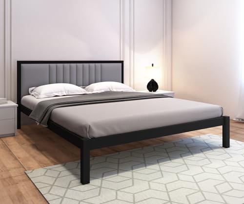 Image of Homdec Venus Wall-Supported Upholstered Headboard Metal Bed (Black, Queen (U.K. Standard))