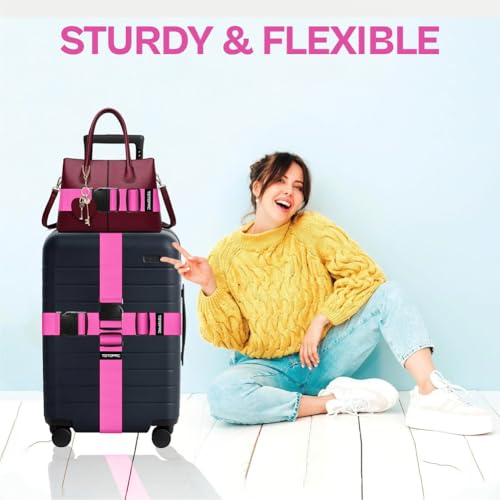 Image of 4 Pack Luggage Straps, Adjustable Suitcase Belts 72 inch x 2 inch with Quick Release Buckle, Durable Travel Accessories for Secure Luggage and Easy Identification (Pink)