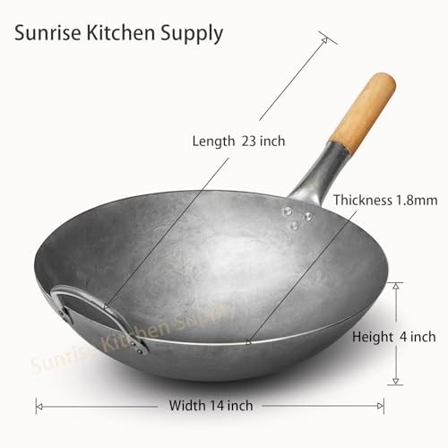 Image of Sunrise 1.8 mm Thickness Heavy Duty Hand Hammered Carbon Steel Wok 14 inch, Round Bottom