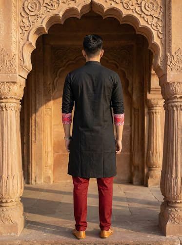 Image of Men's Jamdani Printed Kurta Pajama Set | Pure Cotton Ethnic Kurta with Mandarin Collar & Dupion Silk Pyjama | Festive & Weddings 303A12A 303SB12B(M XXL)