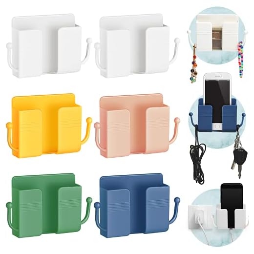 6 Pieces Wall Mount Phone Holder Self-Adhesive Wall Beside Organizer Storage Box Plastic Charging Phone Stand Remote Wall-Mounted Phone Brackets Holder for Bedroom (White, Yellow, Green, Pink, Blue)
