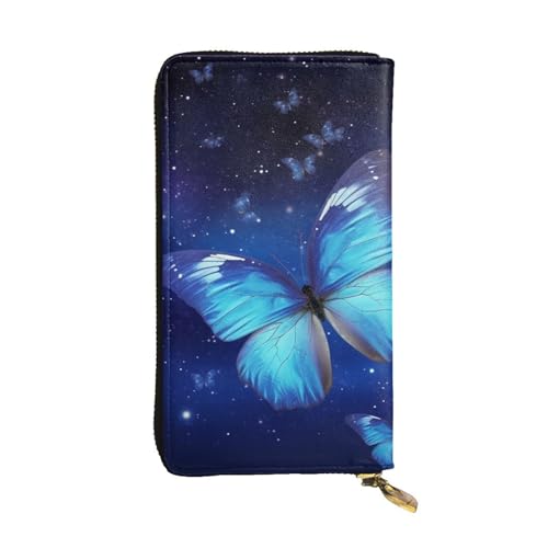 Blue Starry Butterfly Wallet for Men Women Long Purse Leather Clutch Large Business Handbag Travel Phone Holder Credit Card Holder Money Case with Zipper Leather Wallets Gift