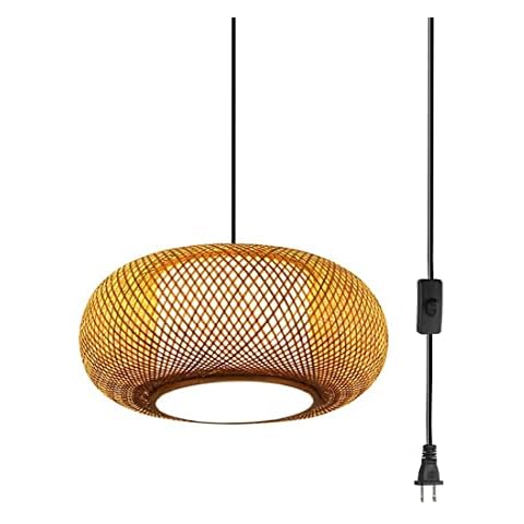 Auwieou Plug in Pendant Light Rustic Rattan Pendant Light 1-Lights Farmhouse Bamboo Pendant Lighting Basket Woven Wicker Chandelier for Dining Room Kitchen Island Living Room Bedroom Cover