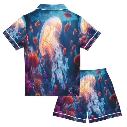 ALAZA Jellyfish Fish Ocean Sea Satin Pajamas Set Short Sleeve Button Down Sleepwear Summer Pjs 2 Piece2