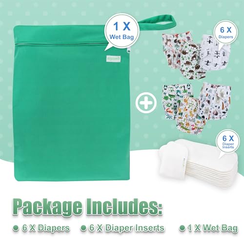 Image of wegreeco Cloth Diapers 6 Pack with 6 Inserts & 1 Wet Bag, Washable Cloth Diapers for Babies, One Size Adjustable Reusable (Forest, Animals)