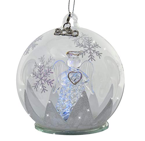 LED Glass Globe Christmas Tree Ornament with Angel Holding Heart Inside - Dated 2020 Color Changing Lights - Clear Glass with Hand Painted Glitter Snowflakes 5 Inch Diameter