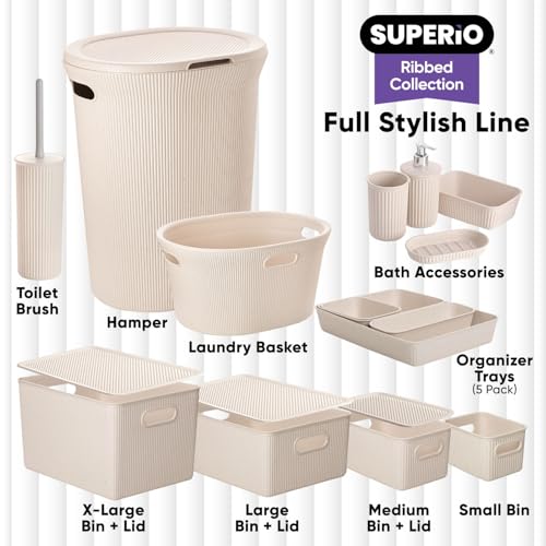 Image of Superio Ribbed Collection - Eco-Friendly Decorative Plastic Laundry Hamper with Lid and Cut-Out Handles, (2 Pack) Basket Organzier for Bedroom Bathroom College Dorm Room 40 Liter
