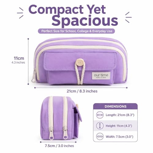 Image of Kawaii Cute Aesthetic Pencil Case for Girls & Boys | 3 Layer 6 Compartment Large Capacity Pencil Pouch with Zipper | Cartoon Stationery Organizer Bag for Students & Kids (Purple)