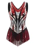 Women Sexy Sequin Fringe Bodysuit Romper Gradient Sparkly Tassel Latin Jazz Dance Leotard Acrobat Costume Trapeze Dancing Queen Halloween Cowgirl Disco Competition Festival Rave Outfits Red M