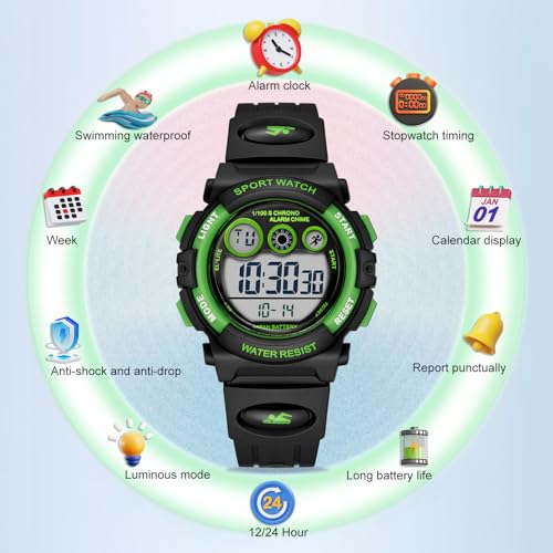 Image of GOLDEN HOUR Watches for Kids Digital Sport Waterproof Boys Girls Watch Outdoor 12 /24 H Alarm EL Backlight Stopwatch Military Child Wristwatch Ages 3-15