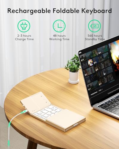 Image of Samsers Foldable Bluetooth Keyboard with Touchpad, Ultra Slim Compact, Gold | Multi-touch Trackpad, Full Size, Phone Holder, USB-C Charging, 3 Device, for Android Windows iOS Mac OS, Mobile Productivity