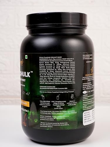 Image of Alvista Labs Testohulk Shilajit Whey Protein | 25g Protein | 250mg Shilajit | 5.5g BCAA | Belgian Chocolate | 1kg (2.2 lb) | Faster Absorption | Digezyme Blend | WADA Compliant
