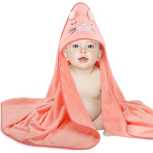 Image of Baby Bath Towel,Ultra Soft Hooded Baby Towel,Toddler Bath Towels with Animal Design,Absorbent Baby Hooded Towel Shower Gifts for Baby Boys Girls,31.5x31.5 inch(Orange and Pink Kitten)