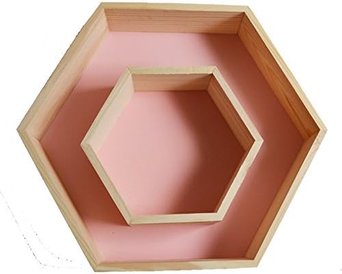 Sweet FanMuLin Wooden Hexagon Racks Mounted Floating Shelves Combination Lattice Wall Storage Racks Children's Room DIY Decoration (2PCS, Pink)