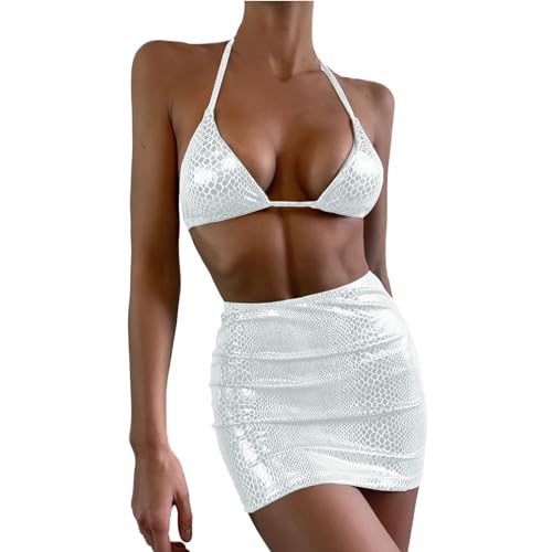 Generisch 2026 Mujeres Shiny Rave Trajes Halter Bikini Conjuntos Sujetador Top Panty Mini Falda Traje de Baño Metálico Dancewear, Blanco, S