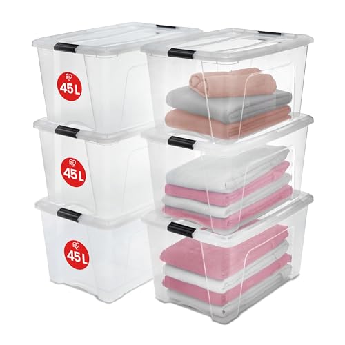 Iris Ohyama, Boite Rangement Plastique avec Couvercle, 45L, Lot de 6, Transparent, Clips de Fermeture, Poignée, Empilable, Organisation Solide & Durable, pour Chambre,...