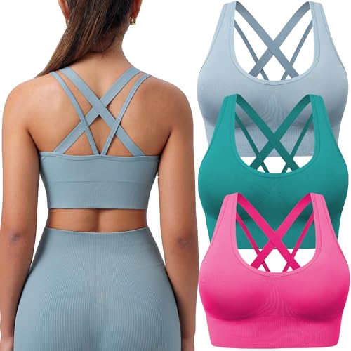 Image of BLUELILY Sports Bra for Women Medium Support Criss Cross Strappy Bras Seamless Padded High Impact Yoga Athletic Exercise Bras