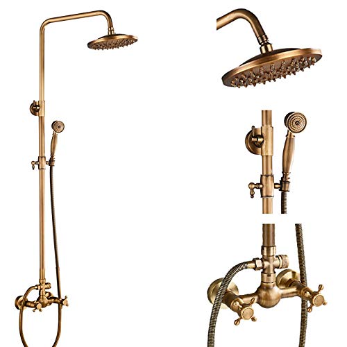 アンティーク真鍮シャワー蛇口セット 8インチ レインフォールシャワー コモディティシェルフ デュアルハンドルミキサータップ 回転式浴槽スパウト バスシャワー タイプB 棚なし、タイプE 棚なし