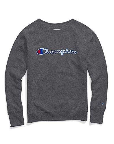 Champion Women's Powerblend Felt Applique Logo Fleece Boyfriend Crew (XX-Large, Granite Heather)