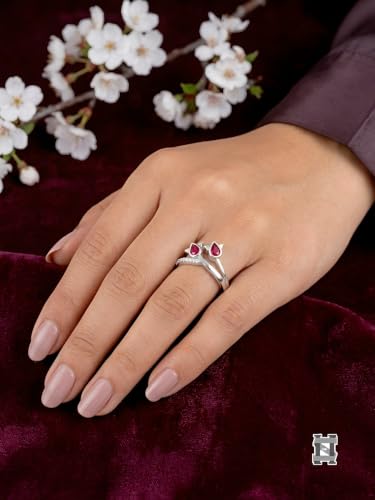 Image of 925 Sterling Silver Red Pear Gemstone Adjustable Ring for Women