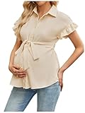 MakeMeChic Women's Maternity Nursing Blouse Ruffle Wrap Work Shirt Pregnancy Button Down Belted Tops Beige Medium