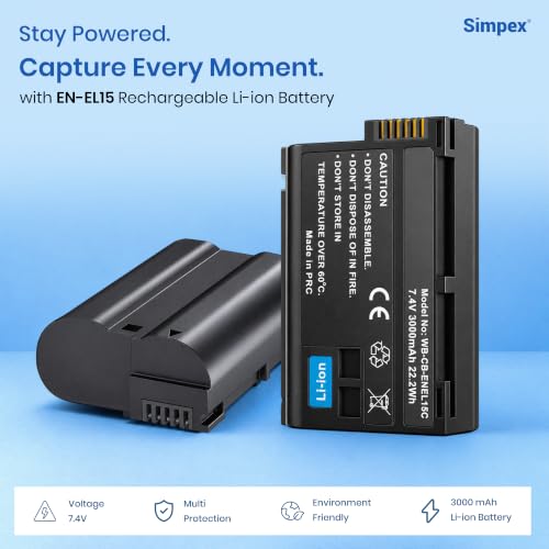 Image of Simpex EN-EL15 Rechargeable Li-ion Camera Battery | 7.0V High-Capacity Replacement Battery Compatible with Nikon D7000, D7100, D7200, D7500, D750, D810, D850, D500, D600, D610 & D800 Series(Black)