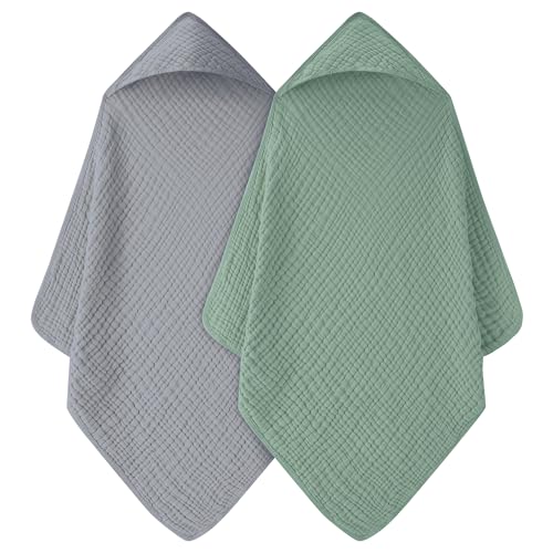 Image of FIEMOL Baby Bath Towels, 100% Muslin Cotton Hooded Baby Towels for Newborn, 2 Pack Baby Towels with Hood for Infant Toddler and Kids, Large 32x32Inch, Soft and Absorbent