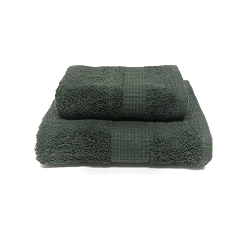 Juego de toallas The Colors Luxury, 1 toalla facial y 1 invitado – JENNY SESAL – Toallas de color liso, 100% algodón, esponja de alta calidad procedente de Portugal peso 450 g/m² (verde pino)