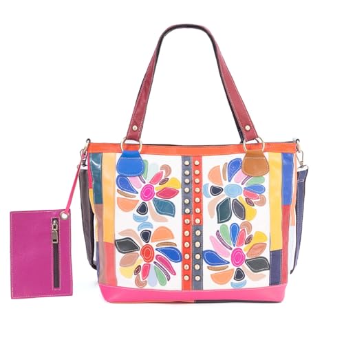 Image of Multicolored Floral Pattern Tote Handbags Leather Shoulder Crossbody Bags for Ladies Patchwork Colorful backpack