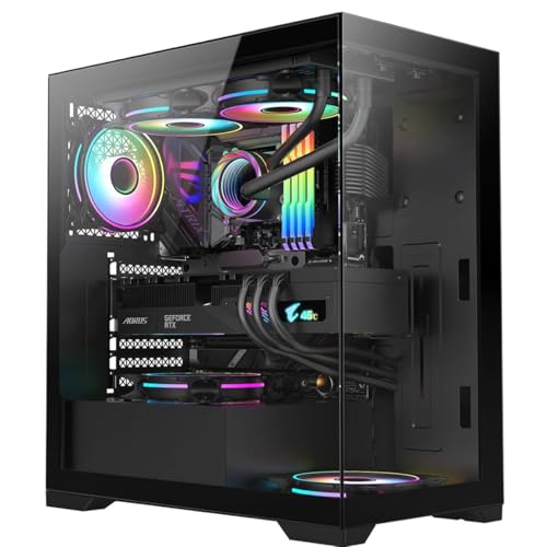 Combrite VIEW Gaming PC Case, Mid Tower ATX, Tempered Glass Panels, GPU Holder, 3x 120mm Addressable ARGB LED Fans (Black)
