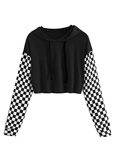 WDIRARA Women's Checkered Long Sleeve Pullover Sweatshirt Casual Crop Top Black and White M