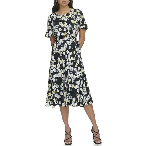 DKNY Women's Flutter Sleeve Round Neck Waist Tie Midi Dress, Navy/Lemon, 16