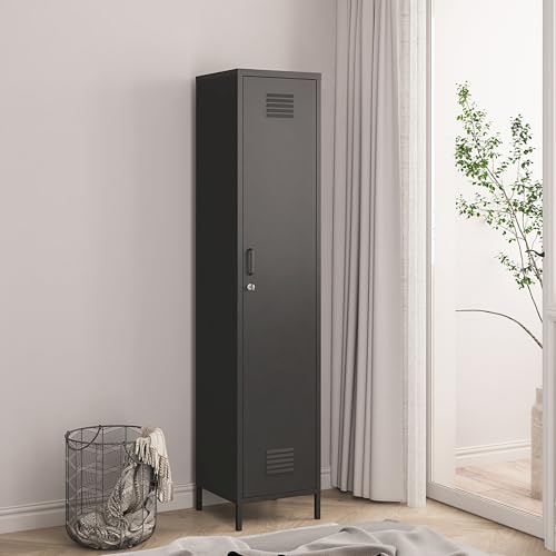 [en.casa] Armoire Métallique Vestiaire Casier avec Fentes d'Aération Barre de Penderie Meuble de Rangement Style Industriel pour Chambre Bureau Atelier Acier 180 x 38 x 38 cm Noir Mat