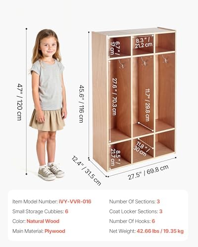VEVOR 3-Section Kids Coat Locker, Wooden Toddler Cubby Storage Organizer with 6 Hooks & Non-Slip Mat, Modern Kid Coat Cubbies with 6 Small Open Storage Boxes for Home, Kindergarten, Daycare, Natural - 2