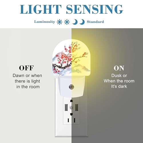 Image of Plug in Night Lights Oriental Cherry Tree Ink Painting Nightlight Plug Into Wall Dusk to Dawn Sensor LED Night Light for Kid Girls Boys Room Decor,Hallway,Kitchen,Bathroom,Nursery,Stairs